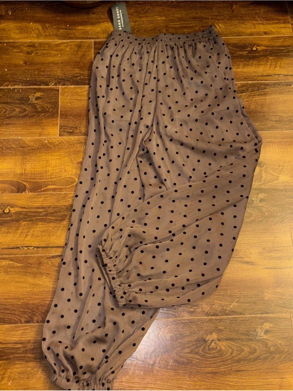 Polka Dot Elastic Waist Women's Jogger Sheer Brown Pants Size Small.